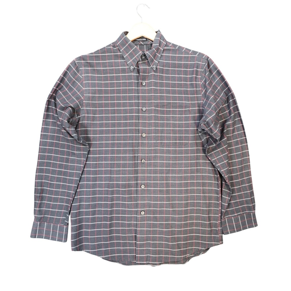 Van Heusen Button Down Mens S Grey Excellent Plaid Wrinkle Free